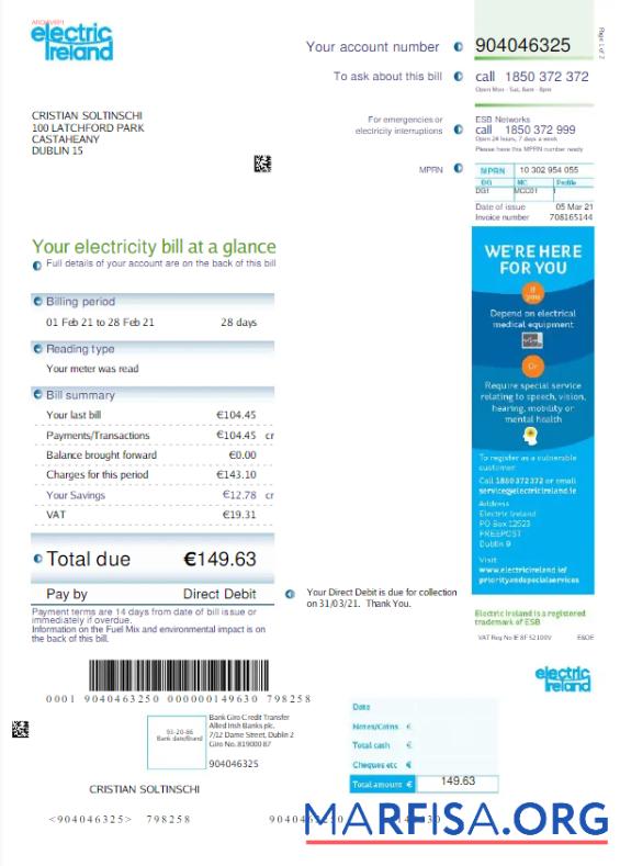 Printable IRELAND ELECTRIC IRELAND utility bill Word and PDF template